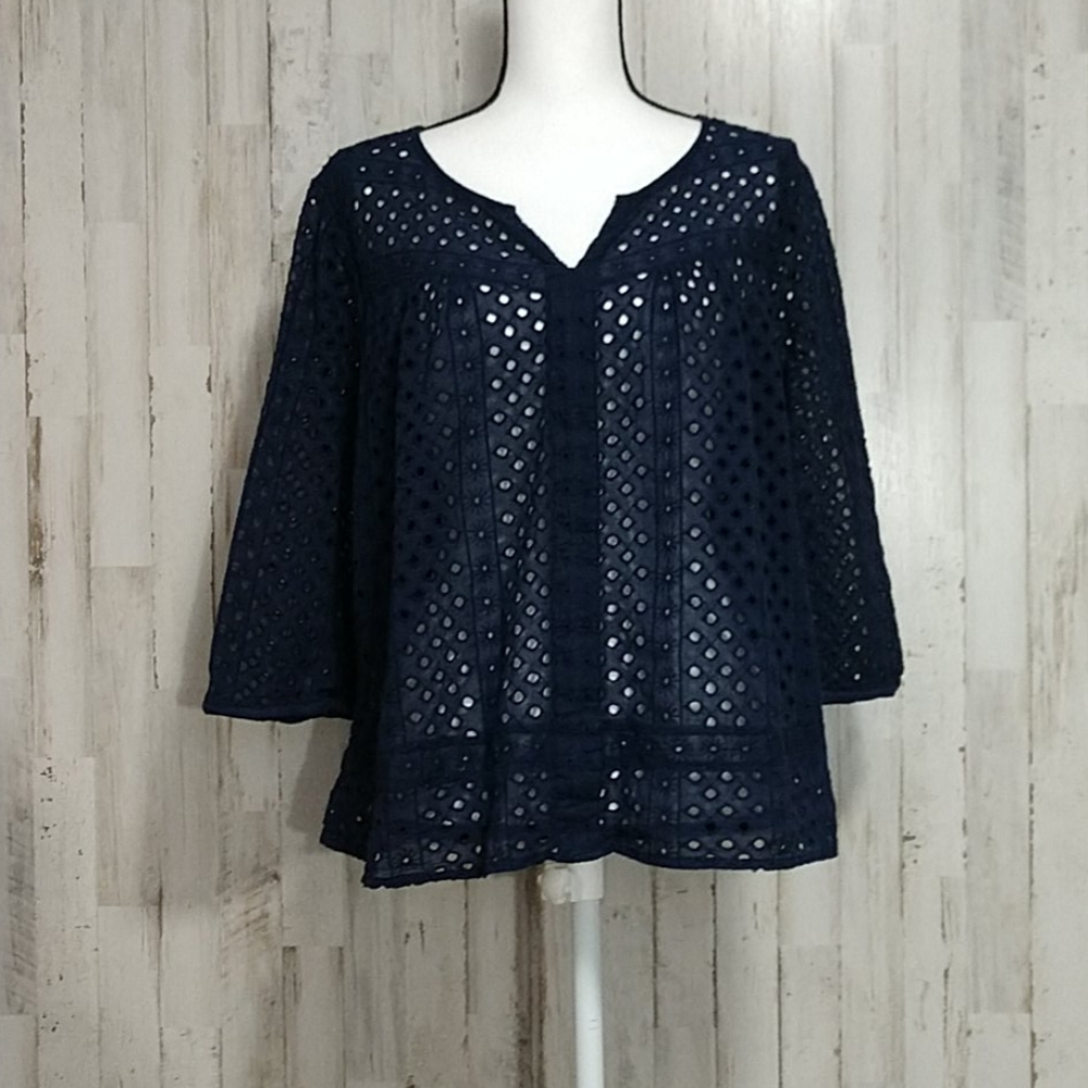 Lucky Brand Navy Blue 3/4 Sleeve Blouse - Picture 1 of 8